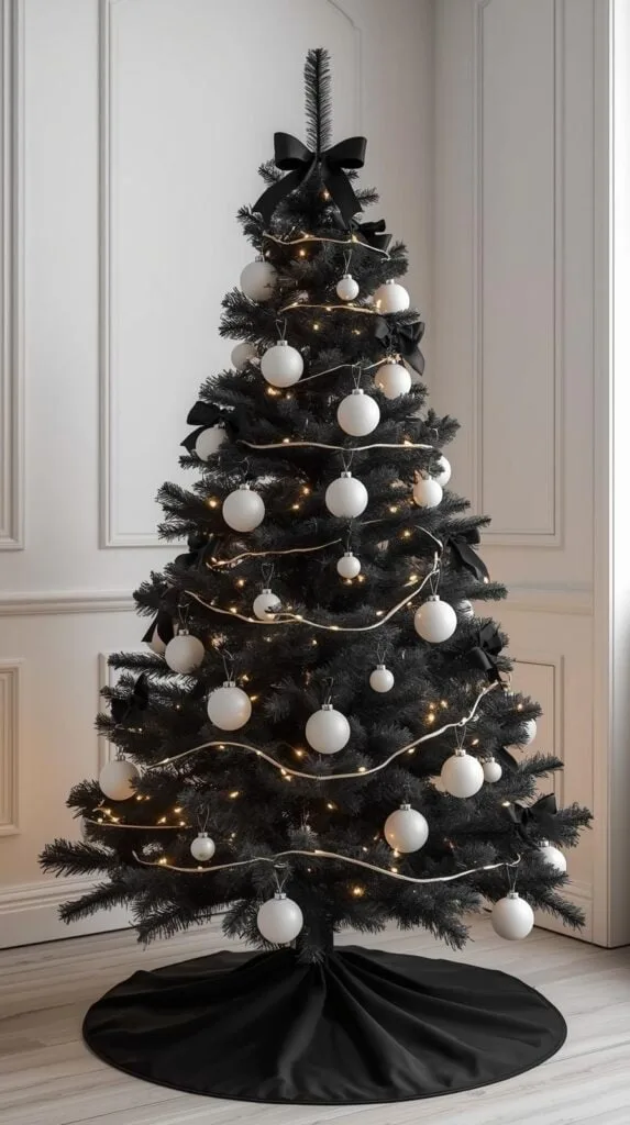 If you love clean, modern Christmas decor, this black and white Christmas tree idea is perfect. Soft warm lights, white statement ornaments, and black bows keep everything minimal yet stylish. A great option for anyone wanting a chic black Xmas tree that feels fresh, simple, and easy to decorate—even if you're short on time this holiday season.
