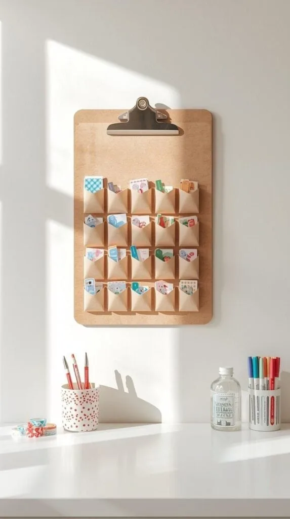 Try this hanging kraft-bag advent calendar for a classic Christmas look. Each bag is labeled and clipped to twine for an organized, rustic display. Perfect for doors, hallways, or playrooms. Add candy, activities, or tiny gifts to make each day special. A simple and charming advent calendar idea for busy families.