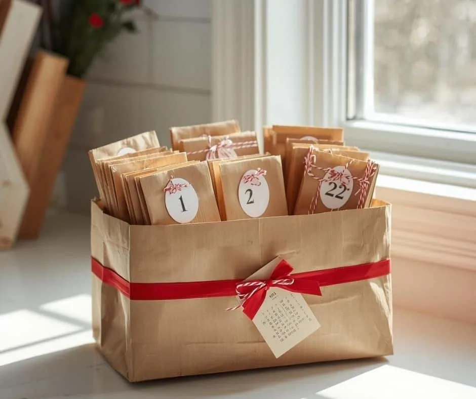 Create a cozy Christmas homemade advent calendar using simple kraft bags, twine, and a wrapped box. This cute and budget-friendly DIY countdown is perfect for families who want a meaningful tradition without spending much. Each numbered bag can hold treats, notes, or tiny surprises for a fun daily reveal. A charming handmade advent calendar idea that looks beautiful on any windowsill or holiday display.