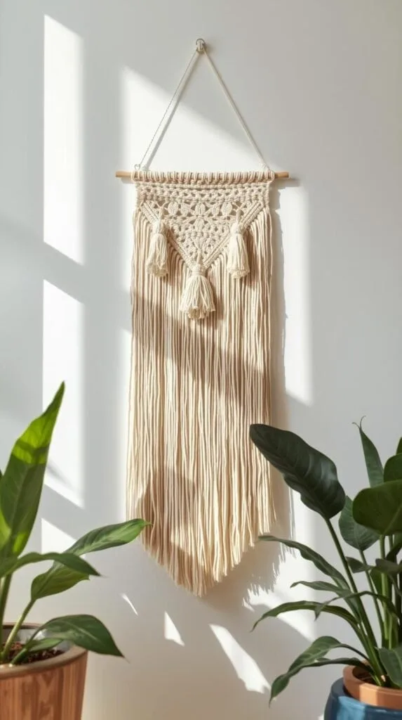 Crochet hanging decor with tassels and fringe adds movement and texture to any space. This style blends crochet wall tapestry techniques with macrame-inspired details, making it a strong seller for boho home decor lovers. These crochet wall hangings photograph well for Etsy listings and Pinterest pins, especially when styled with plants and natural light.