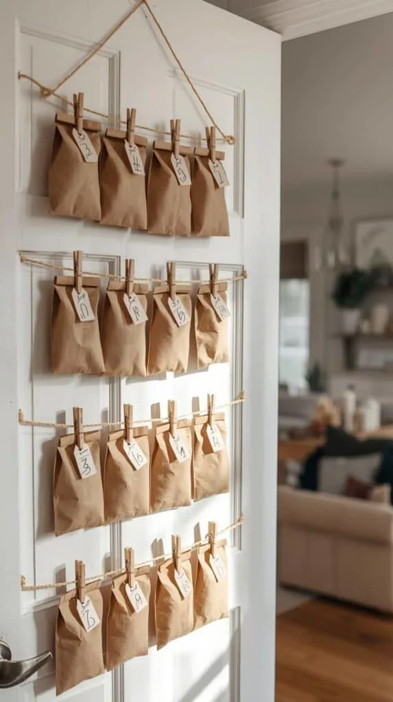This charming hanging ribbon advent calendar is cute, simple, and perfect for anyone wanting a stylish DIY project. Numbered notes clip onto neutral ribbons for a soft, cozy look that works with any décor style. A creative way to bring daily joy to your Christmas countdown without spending much.