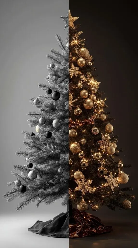 This stunning before-and-after transformation is the perfect inspo for anyone planning a black Xmas tree this year. See how a simple undecorated tree turns into a gorgeous black and gold Christmas decor moment with the right ornaments, warm lights, and metallic accents. Ideal for crafters wanting modern Christmas tree ideas that feel both bold and beginner-friendly.