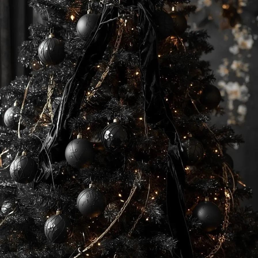 Nothing says modern holiday style like a moody black Christmas tree with matte ornaments, draped black velvet ribbon, and delicate gold accents. This design is perfect for anyone wanting bold black Xmas tree decorating ideas that still feel warm and elegant. A must-save look if you're into dramatic seasonal decor.