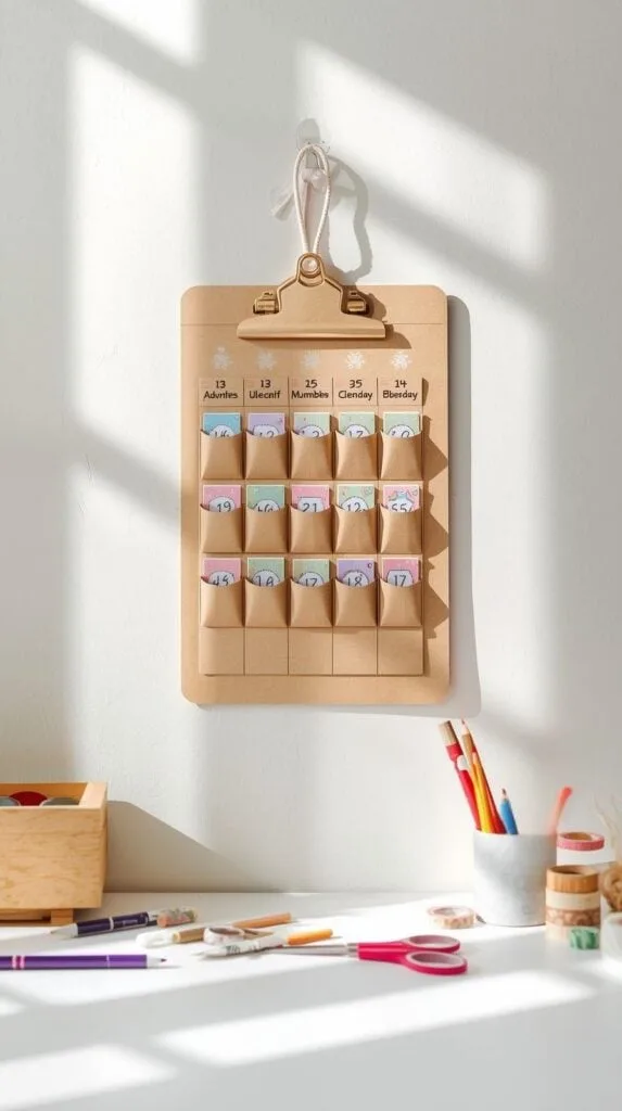 Need ideas for DIY advent calendar fillers? This image shows a bright and colorful pocket advent calendar perfect for holding mini notes, stickers, craft prompts, or tiny toys. Mix and match fun fillers to create a personalized Christmas countdown for your kids or family. A great homemade advent calendar idea for creative households.