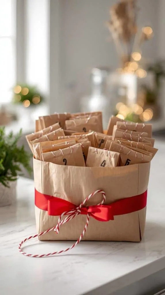 Create a cozy DIY advent calendar for adults using simple kraft bags, twine, and a wrapped box. This cute and cheap advent calendar idea is perfect for anyone who loves handmade countdowns and minimalist holiday décor. Fill each bag with treats, self-care items, or little surprises to make December feel extra special. A beautiful and budget-friendly way to celebrate all month long.