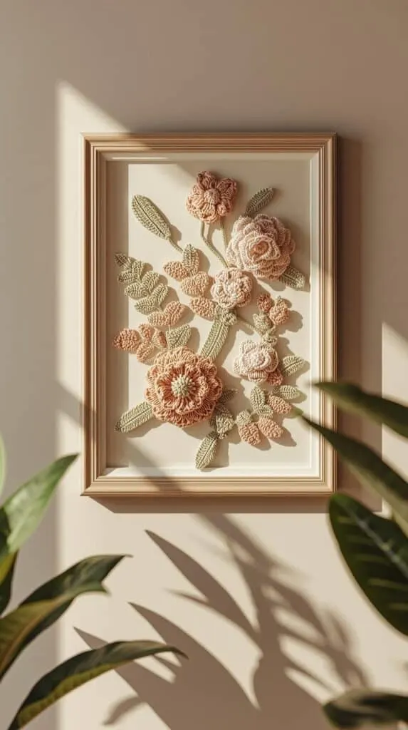Creative crochet wall hangings like this framed floral piece are perfect for elevated handmade home decor. This crochet wall art combines soft textures with a modern frame, making it ideal for nurseries, bedrooms, or gift-worthy wall decor. If you’re selling crochet home decor on Etsy, framed crochet pieces photograph beautifully and often command higher prices than standard wall hangings.
