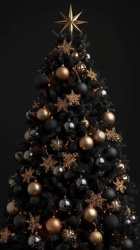 This glamorous black and gold Christmas tree is packed with metallic ornaments, glitter clusters, and warm twinkle lights for a stunning luxe finish. Perfect if you're searching for black Christmas tree inspiration that blends drama with sophistication. Try adding ornament clusters to get this full, dimensional look on your own tree.