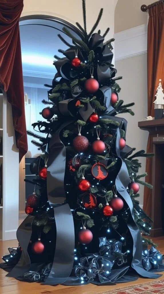 This bold black and red Christmas tree brings full gothic glam energy with oversized red ornaments, dramatic black ribbon, and a rich layered look. It’s perfect if you’re searching for goth Christmas tree ideas or a more daring holiday theme. The mix of matte finishes, deep red tones, and soft lighting creates a modern Christmas tree style that’s festive with an edge.