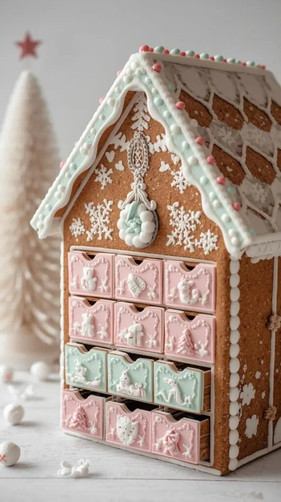 Looking for homemade advent calendar ideas that feel festive and unique? This beautifully decorated gingerbread-house drawer calendar is perfect for kids and adults. Each tiny drawer can hold treats, messages, or craft activities. A charming and reusable Christmas countdown idea that adds warmth and whimsy to your holiday décor.
