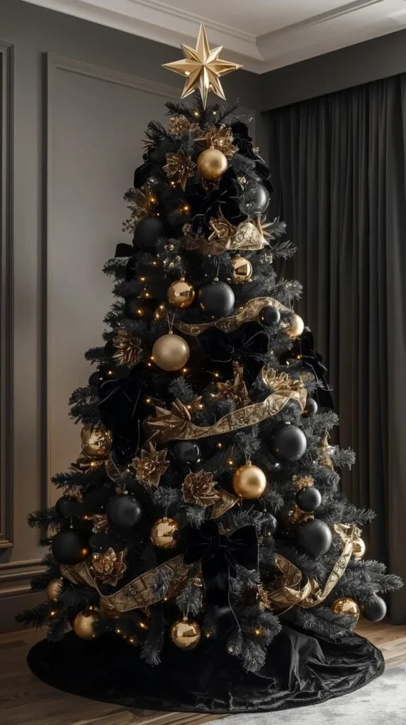 If you want a high-end holiday look, this luxury black Christmas tree delivers. Layered velvet ribbon, oversized black ornaments, and shimmering gold florals create a designer-style tree that feels rich and festive. Ideal for anyone wanting black Xmas tree ideas that bring maximum impact with minimal effort.