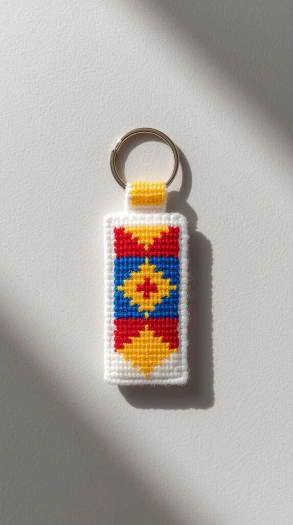 Needlepoint key fobs and bag charms are practical beginner projects that help build confidence quickly. These designs are usually narrow and repetitive, making them ideal for learning stitch rhythm and tension control.
They’re a great choice if you want to practice needlework patterns while creating something you can actually use or gift.