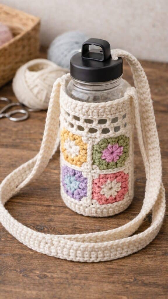 A crochet water bottle holder is one of those projects you didn&rsquo;t know you needed. It&rsquo;s practical, stylish, and perfect for hands-free days out. The granny square detail adds a trendy touch while the strap makes it easy to carry anywhere. This is a great beginner crochet project and an amazing item to sell at craft fairs or online.