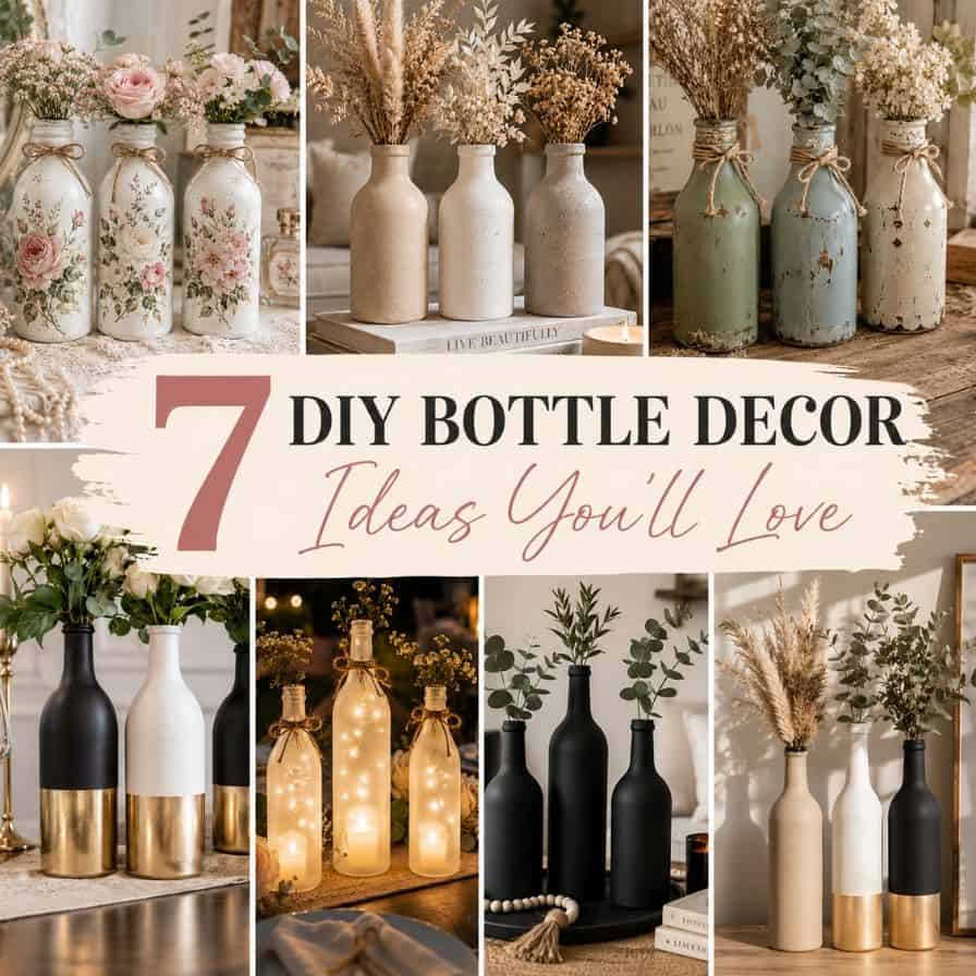 Painted bottle decor ideas are such an easy way to make your home feel cozy and high-end without spending a lot of money. This DIY bottle decor roundup includes neutral matte bottles, vintage distressed finishes, elegant frosted lanterns, floral decoupage bottles, and modern black-and-gold designs that look surprisingly expensive. I love using thrifted glass bottles for budget-friendly home decor because they’re simple to customize for farmhouse, cottagecore, minimalist, or modern spaces. Save these painted bottle centerpieces for your next DIY home decor project, wedding table setup, or craft room makeover. These elegant painted glass bottles are proof that cheap home decor can still look stylish and luxurious. Perfect inspiration for anyone who loves upcycled bottle decoration ideas and easy crafts that look store-bought.