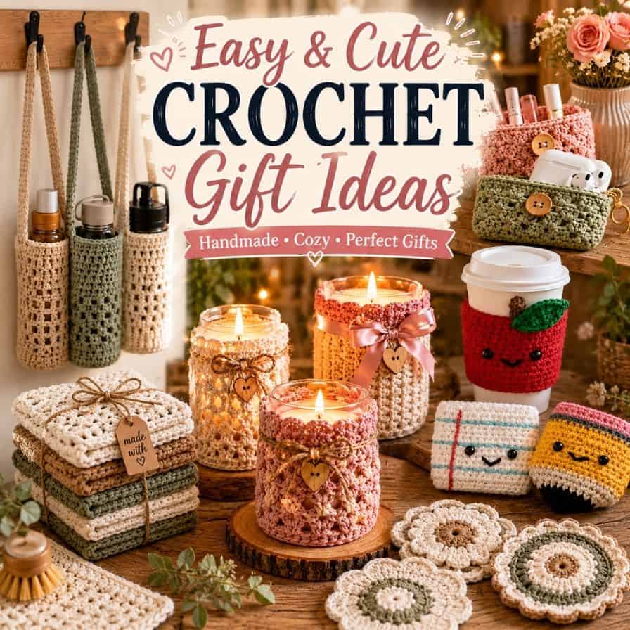 Crochet gift ideas are some of my favorite projects when I want to make something handmade that still feels practical and beautiful. This pin is packed with beginner-friendly crochet projects like candle covers, mini pouches, cup cozies, coasters, and water bottle holders that look amazing as gifts or craft fair items. I love that these easy crochet patterns work up fast and use minimal yarn. If you’ve been searching for cozy crochet gifts to make and sell, these cute DIY crochet ideas are perfect for birthdays, holidays, teachers, and friends. Save this crochet inspiration for your next craft night or weekend project.