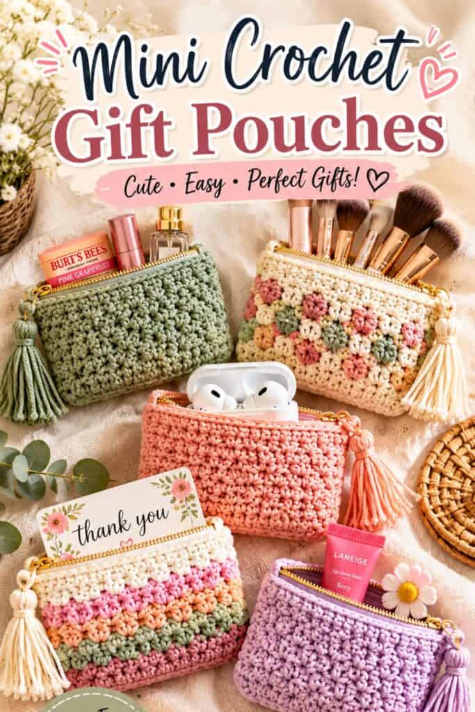 Mini crochet gift pouches are perfect for organizing small items while adding a handmade touch to your everyday essentials. These crochet zipper pouch ideas are great for makeup, earbuds, lip balm, gift cards, and travel accessories. I love how colorful and customizable these crochet bags can be using textured stitches and floral details. If you’re looking for crochet gifts to make and sell, these mini crochet pouches are trendy, useful, and perfect for craft fairs.