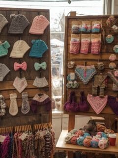 Wondering what crochet projects actually sell at craft fairs? This crochet market display features several proven bestsellers including baby hats, headbands, pet bandanas, and small accessories. Fast-to-make crochet items are often the most profitable because they use less yarn and encourage impulse purchases. If you're preparing for your next craft fair or opening an Etsy shop, these crochet ideas are a great place to start.