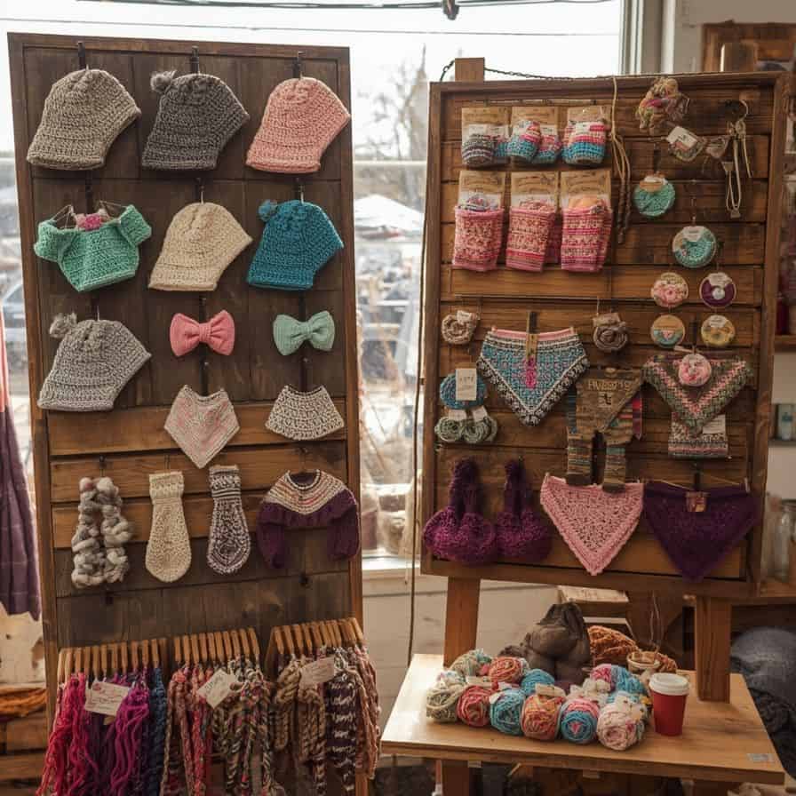 Wondering what crochet projects actually sell at craft fairs? This crochet market display features several proven bestsellers including baby hats, headbands, pet bandanas, and small accessories. Fast-to-make crochet items are often the most profitable because they use less yarn and encourage impulse purchases. If you're preparing for your next craft fair or opening an Etsy shop, these crochet ideas are a great place to start.