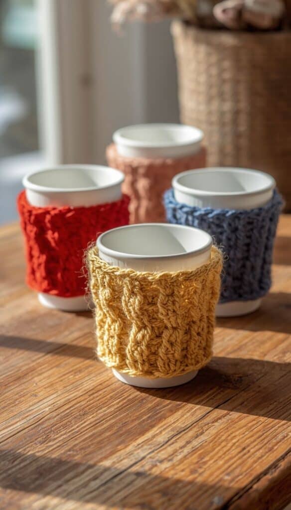 Crochet cup cozies are one of my favorite quick crochet projects because they're fast, practical, and easy to personalize. These cozy coffee sleeves make thoughtful handmade gifts and sell well during holidays and craft fairs. Use different colors, textures, and embellishments to create unique designs that customers can't resist. They're also a great scrap yarn project for beginner crocheters.